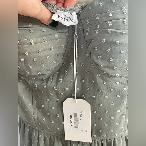 Emily Wonder Sage Green Boho Jumpsuit Structured Bust Swiss Dot Size L New - Picture 7 of 7